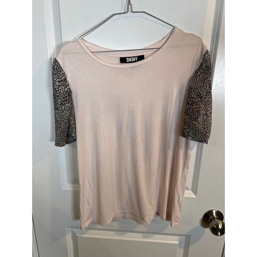 DKNY Womens Top Leopard Print Contrast Sleeve Pink Medium